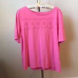 Talbots XL 100% Cotton Pink Short Sleeve Top w/Embroidery Design